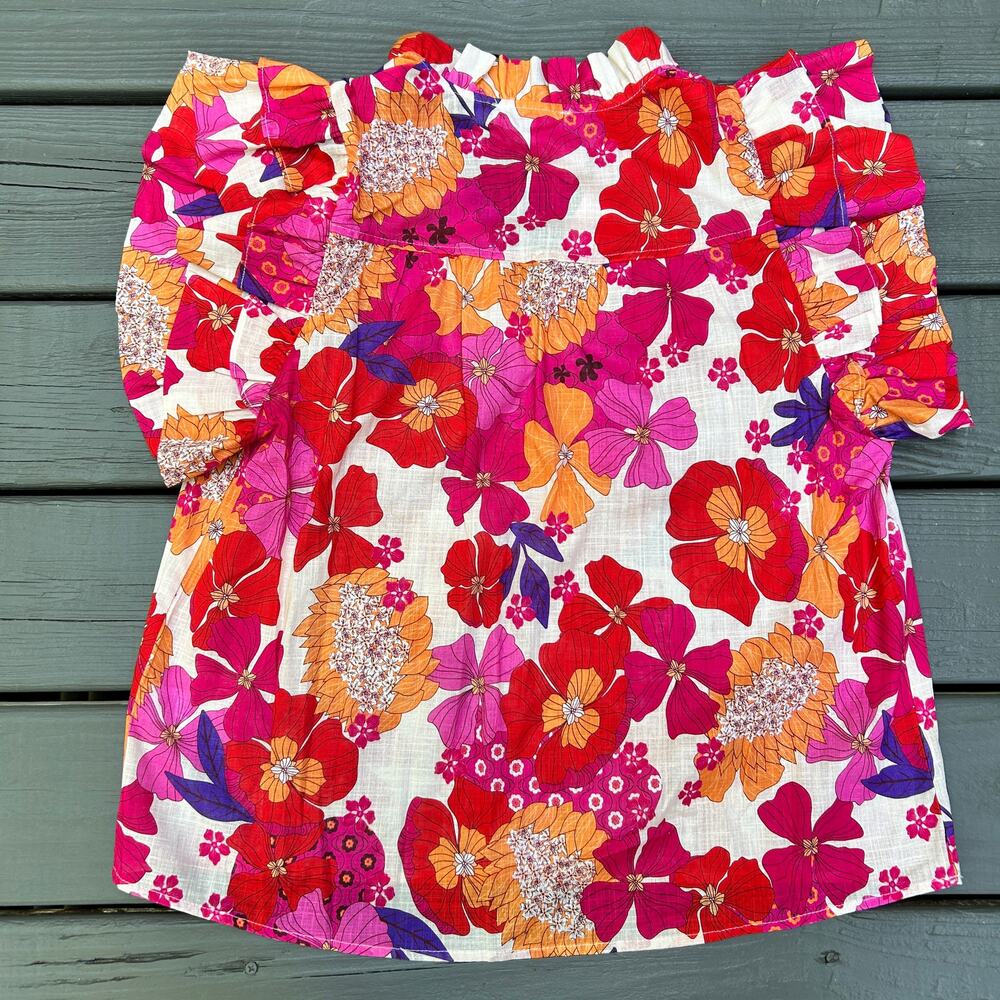 THML Pink Purple Orange Flower Short Sleeve Tunic Blouse Collar Linen Blend Lrg - Picture 4 of 8